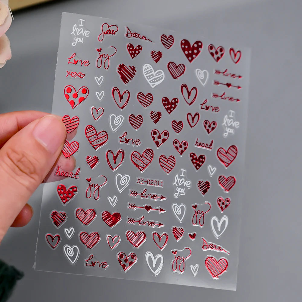 1Pc 3D Red Love Heart Nail Art Stickers Rose Flower Lip Self Adhesive Decals Valentine' Day Nail Sliders For Manicure Decoration