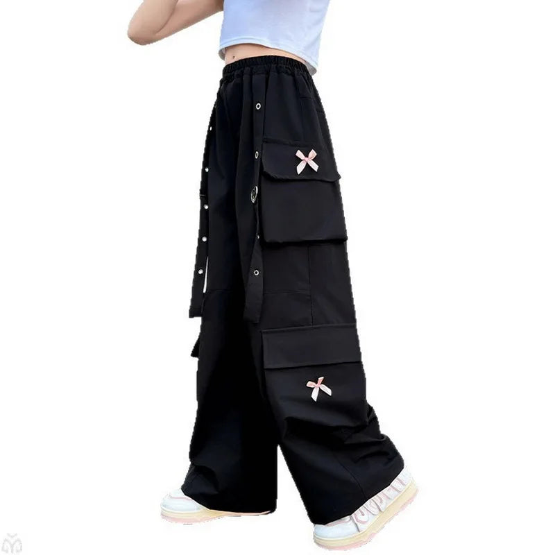 Kids Cargo Pants with Side Pocket for Tweens Girl High Fashion Hip Hop Bow Trousers Child Street  Pink Black Trackpants Hot Sell
