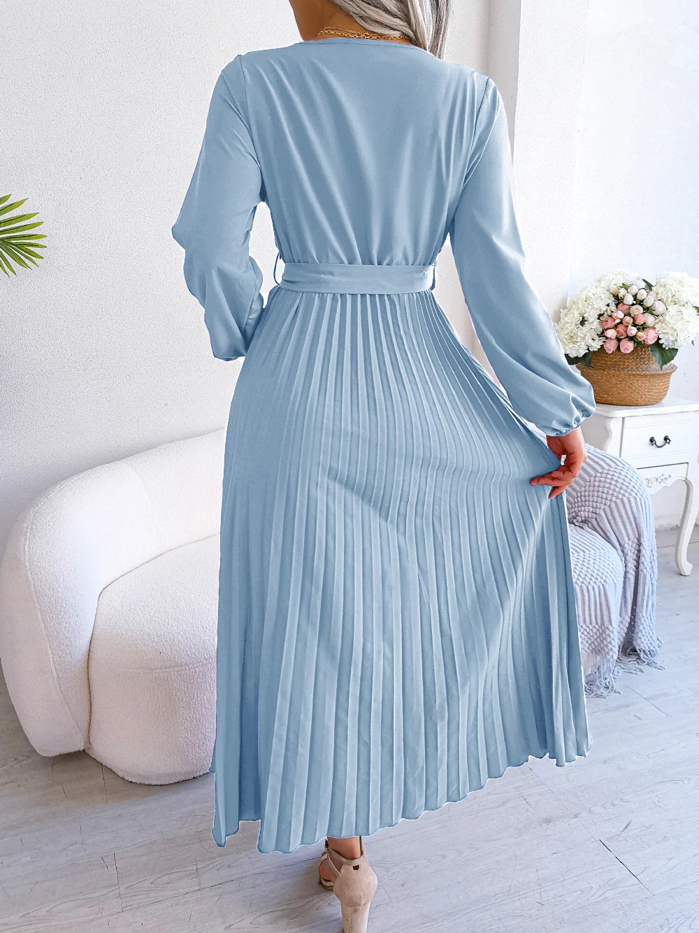 Women Elegant V Neck Long Sleeve Pleated Maxi Dress