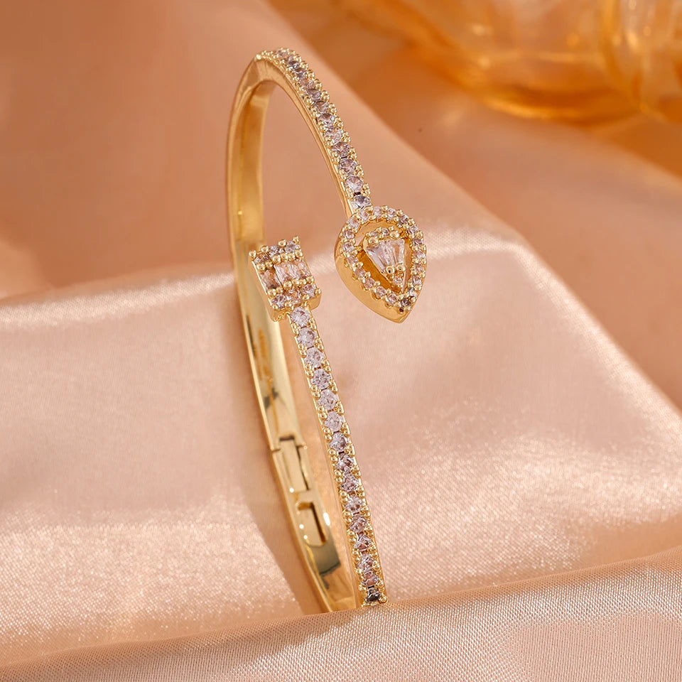 ZAKOL Classic Geometric Water Drop Square Zircon Adjustable Open Bracelets Shiny CZ Cuff Bangle Wedding Party Jewelry Gift