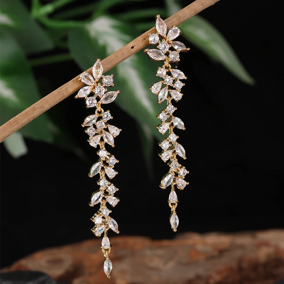 ZAKOL Fashion Cubic Zirconia Leaf Long Dangle Earrings for Elegant Women White Leaves Drop Earring Bridal Wedding Jewelry