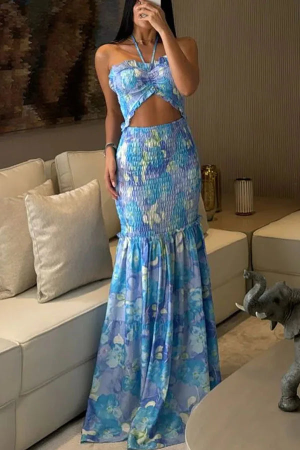 BKLD Women Clothing Halter Neck Party Dresses Fashion Printed Vacation Outfits Hollow Out Ruched Night Out Vestidos Clubwear