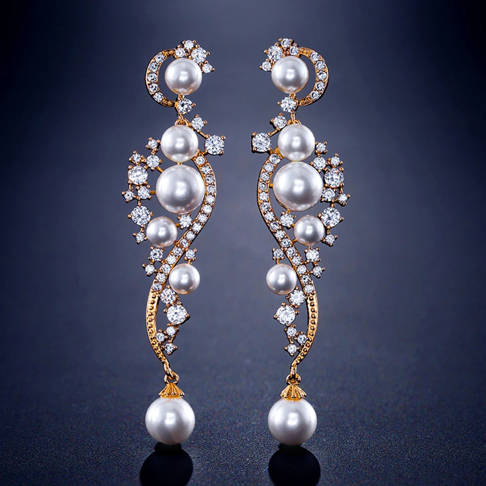 ZAKOL Luxury Shiny AAA Cubic Zirconia Hanging Earrings for Women Imitation Pearl Bridal Long Earring Women's Wedding Jewelry