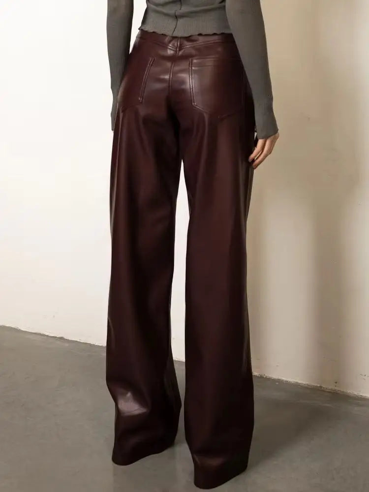 Vintage Ultra-soft PU Leather Pants High Waist Wide Leg Drape Straight-leg Slim Fit Pants 2026 Autumn Winter Streetwear