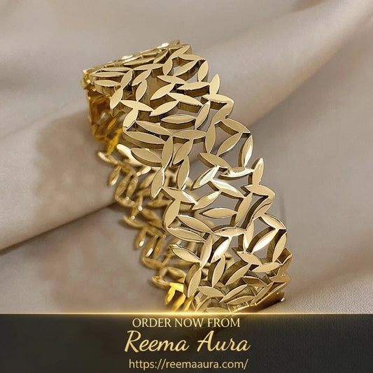 Flashbuy Chunky Gold Color Charm Leaf Wide Stainless Steel Bangles Bracelets for Women Men New Design Wrist Waterproof Jewelry