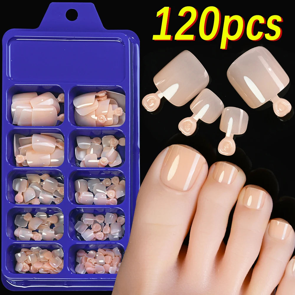 120Pcs French Tips False Toe Nails Short Square Nude/Pink/Brown Fake Toe Nails Wearable Acrylic Full Cover Press on Toenails