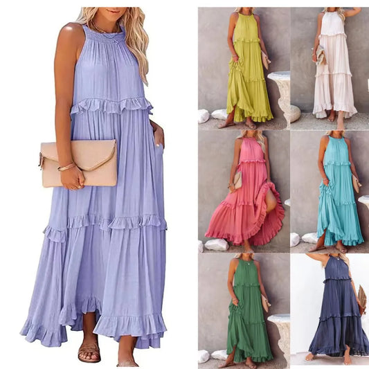 New Arrival Summer Vacation Halter Neck Long Dress – Backless Lace-Up Beach Style
