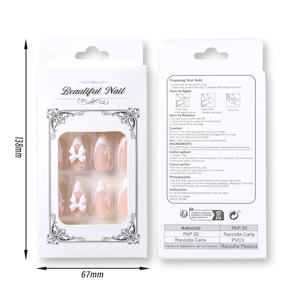 24Pcs Pearl Bow Press On Nails White Bowknot French Almond Fasle Nails Wearable Full Cover Fake Nails Tip for Girls Women