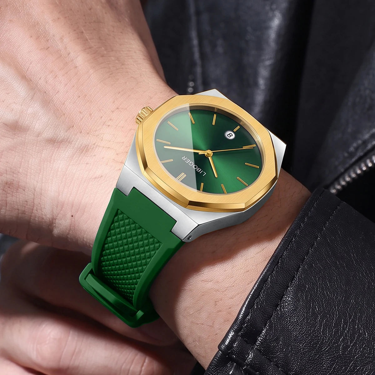 Fashion Octagonal Dial Men Calendar Quartz Watch Casual Silicone Strap Sports Wristwatches Relogio Masculino（Without Box）