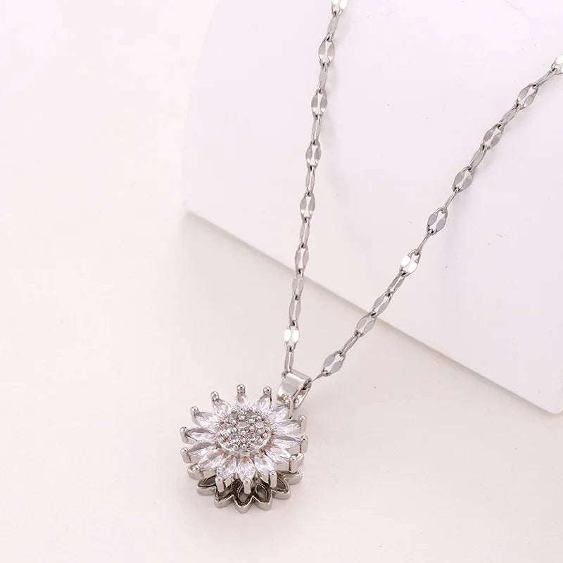 Trendy Rotation Spin Sunflower Stainless Steel Zircon Necklaces For Women Metal Crystal Necklace Party Birthday Gifts Jewelry