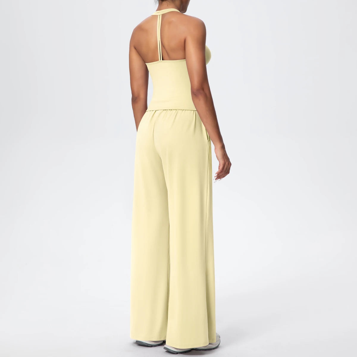 Breathable Loose Wide Leg Pants and Yoga Vest Set Solid Color High Stretch Pockets Pants Beautiful Back T-shaped Vest Yoga Suit