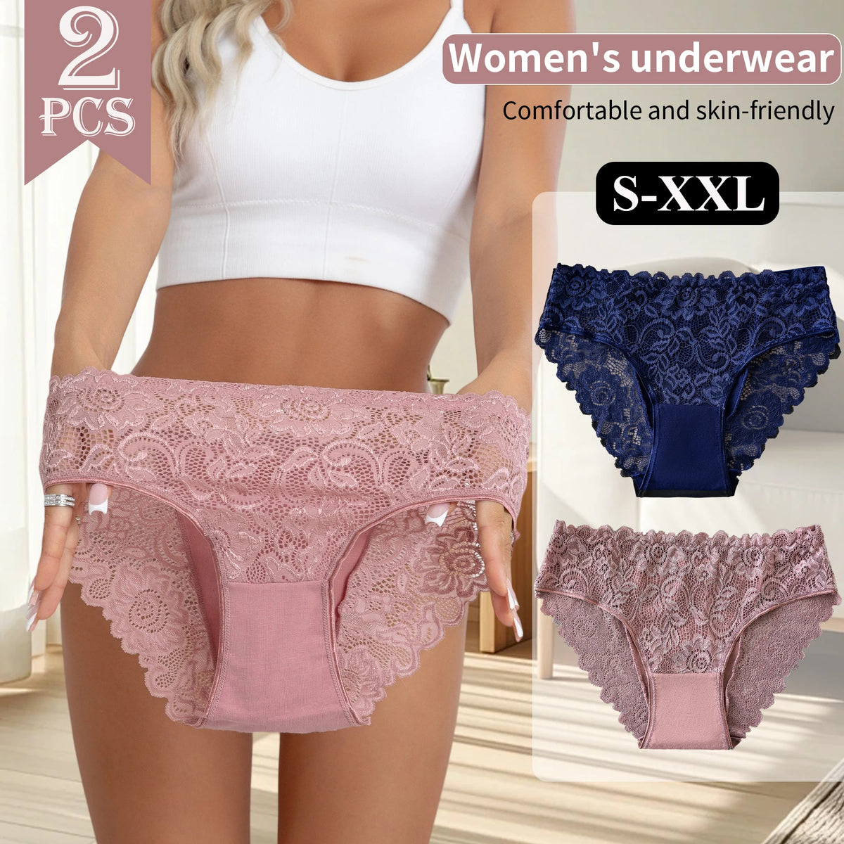 2PCS Solid Color Comfortable Cotton Underwear for Women Exquisite Floral Lace Designs Panties Semi-Sheer Sexy Briefs All Season