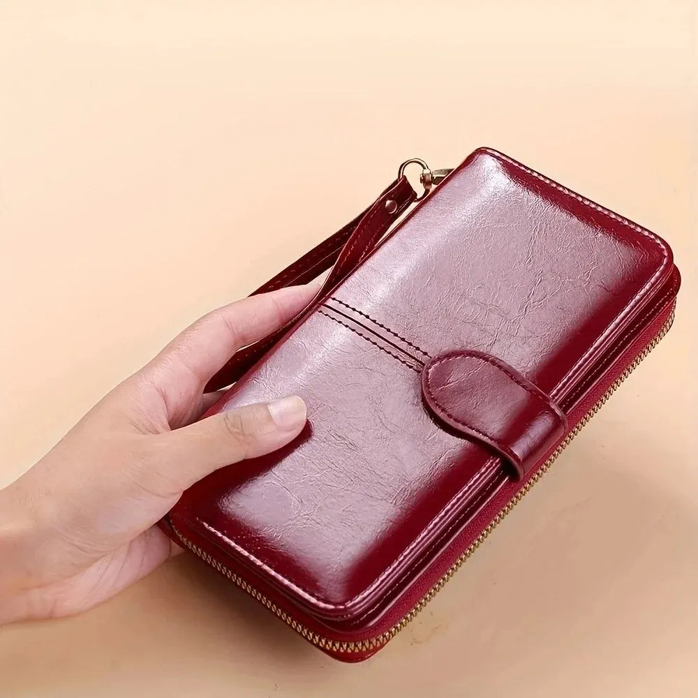 Vintage Oil Wax PU Leather Clutch Wallet for Women Large Capacity Phone Purse with Wrist Strap Simple Card Holder Pouch Bag
