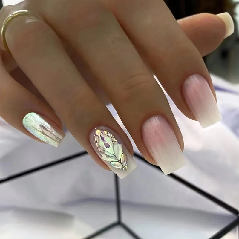 24Pcs Cute Green Short Square False Nails with Glue Flora Nail Art Glossy Simple Full Cover Press on Wearable Nail Manicure Tips