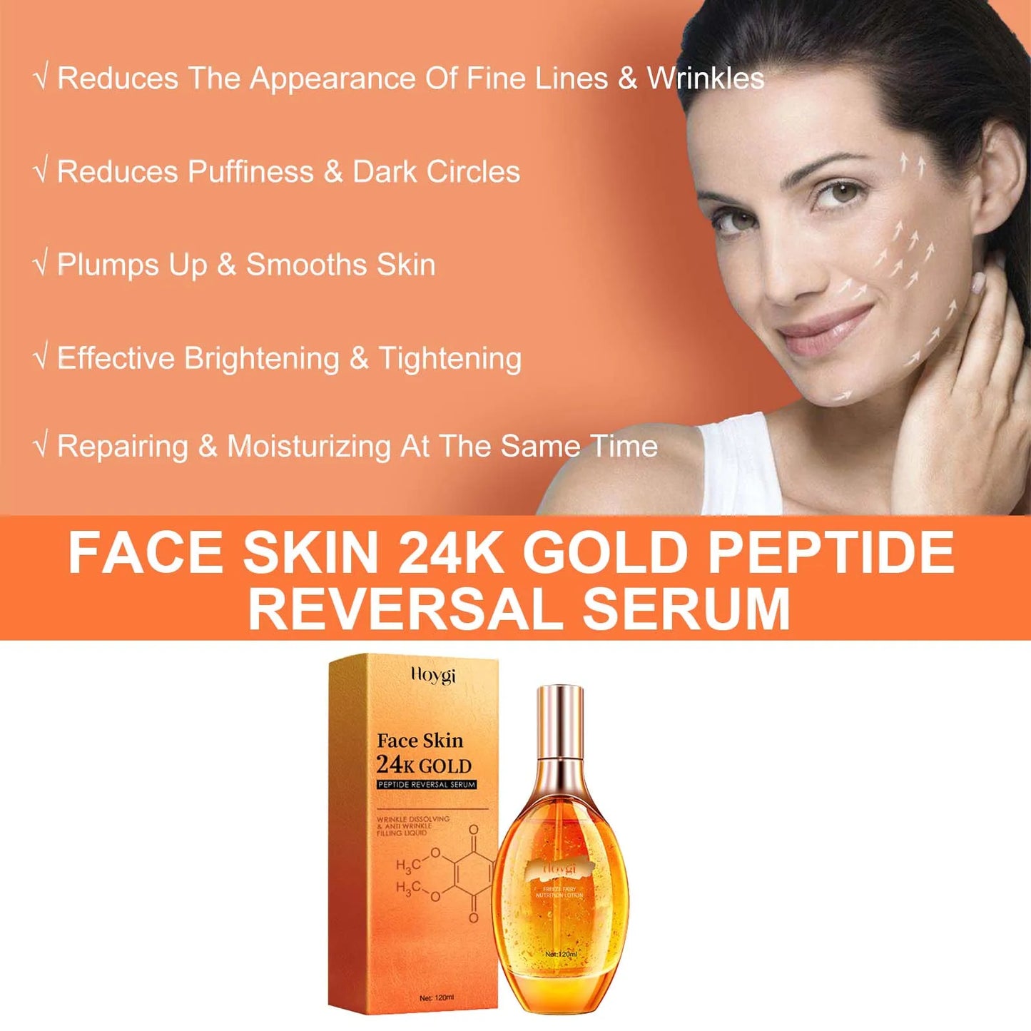 24K Gold Peptide Facial Essence Hydrating Wrinkle Tightening & Firming Youth Revitalizing Face Serum Brightening Anti Aging