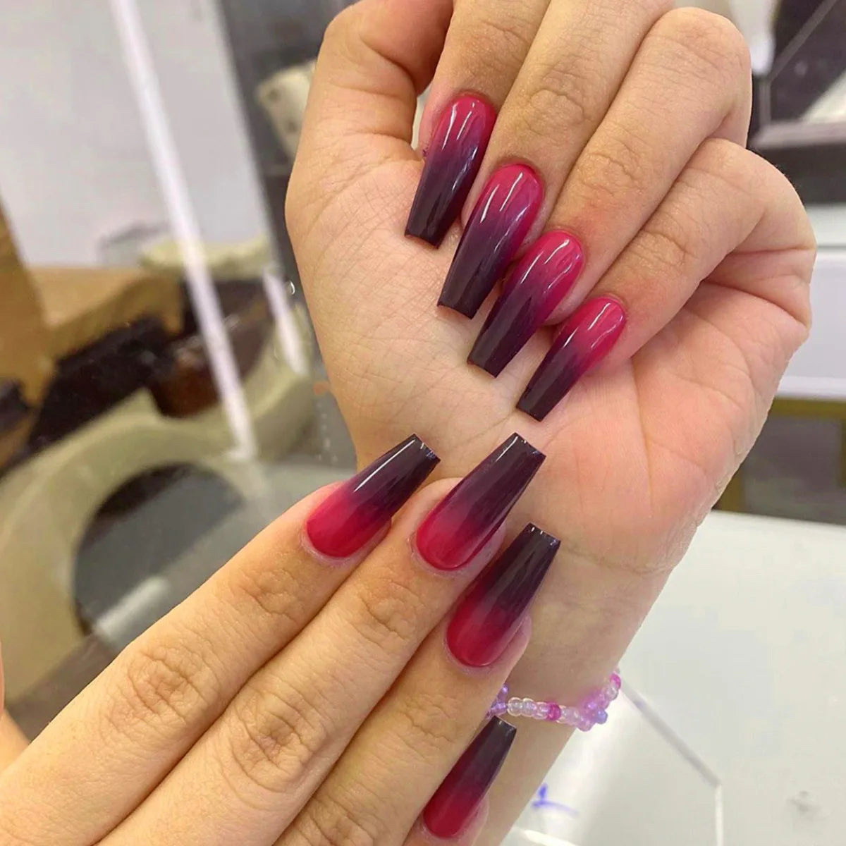 24pcs Long Ballet False Nails Gradient Blue Reusable Press on Nails Sets Simple Square Head Coffin Fake Nail Tips Stick on Nail