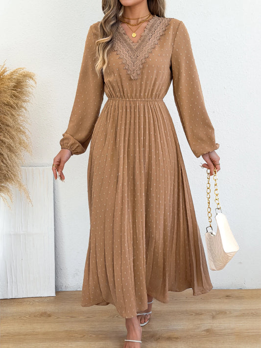 Spring Autumn Casual V Neck Lace Waist Cinching Pleated Long Dress Solid Color Lantern Long Sleeve Maxi Dress for Women Khaki