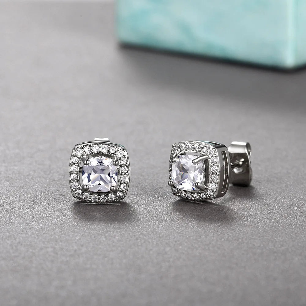 ZAKOL Classic White Square CZ Stud Earrings For Women Exquisite Round Cubic Zirconia Crystal Ear Jewelry Gift