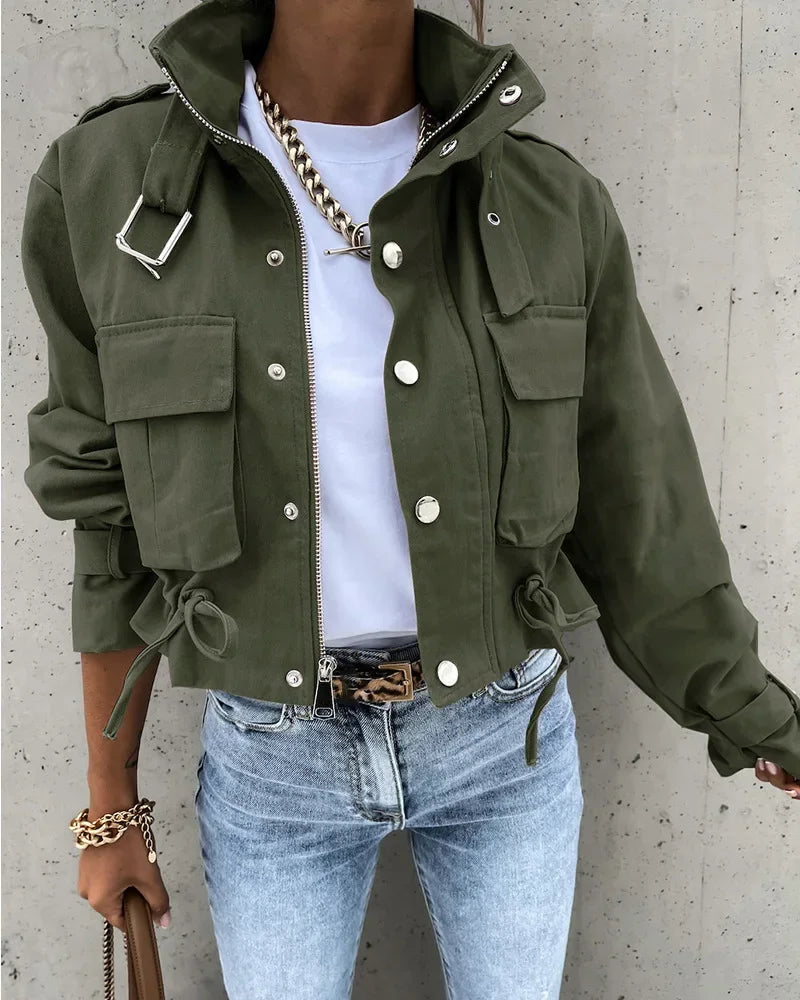 Women Cropped Cargo Jacket Stand Collar Zip Button Long Sleeve Coat Multi Pocket Drawstring Streetwear Casual Short Outerwear