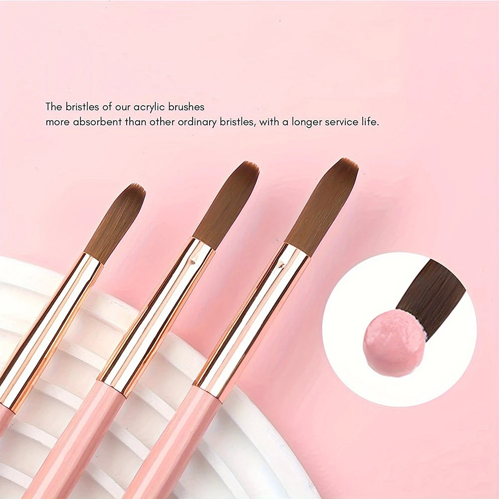 3Pcs/Set Acrylic Powder Extension Nail Brushes Pink Handle Size 8#/10#/14# Acrylic Powder Application 3D Carving Manicure Tools