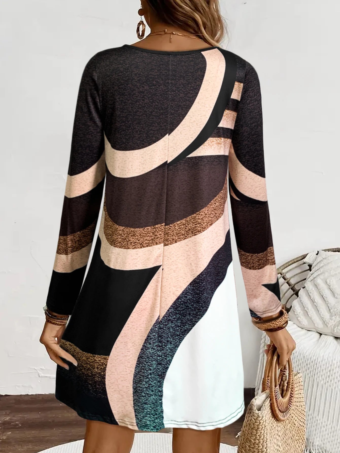 Long Sleeve Geometric Color Block Dress – O-Neck