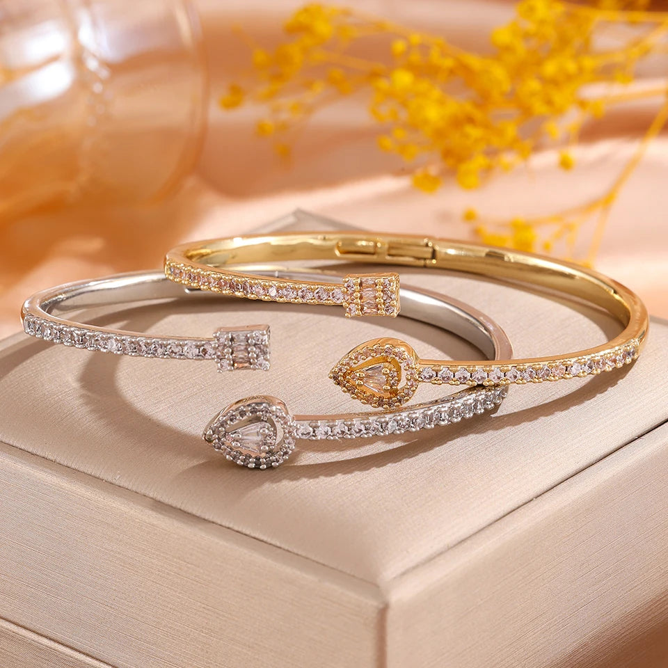 ZAKOL Classic Geometric Water Drop Square Zircon Adjustable Open Bracelets Shiny CZ Cuff Bangle Wedding Party Jewelry Gift