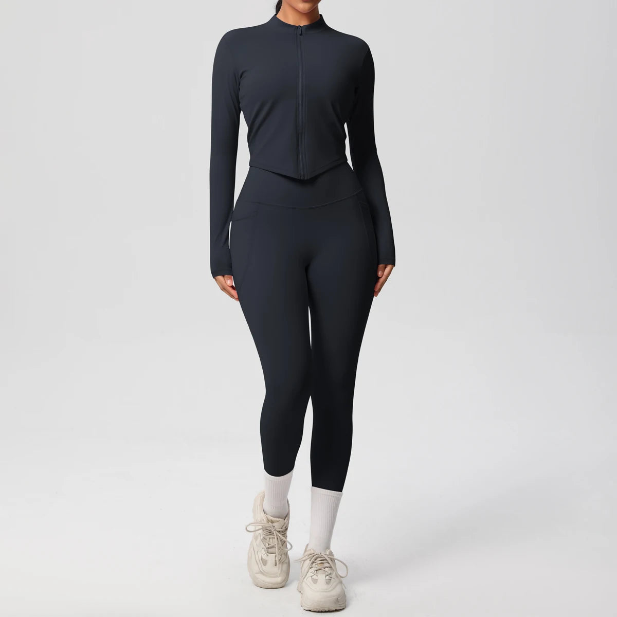 2PCS Yoga Suit Women Gym Set Leggings With Pocketed Women Tracksuit Running Zipper Workout Sportswear Long Sleeve Sports Shirt