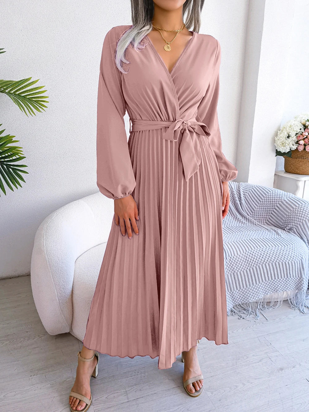 Women Elegant V Neck Long Sleeve Pleated Maxi Dress