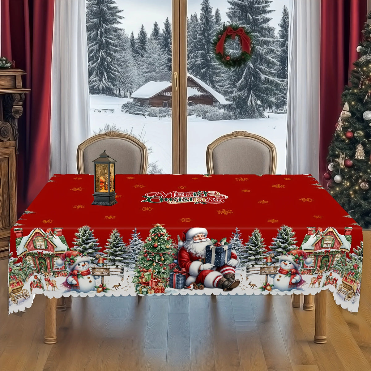 1pc Festive Santa, Snowman & Christmas Tree Tablecloth for Holiday Parties, Picnics, Cafes & Home Decor, Holiday Table Setting