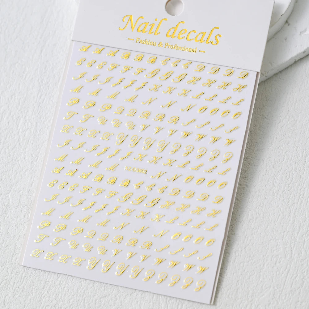 1pc Gold Silver English Letter Nail Sticker Black Laser 3D Alphabet Self Adhesive Decal English Words DIY Slider Manicure Decor
