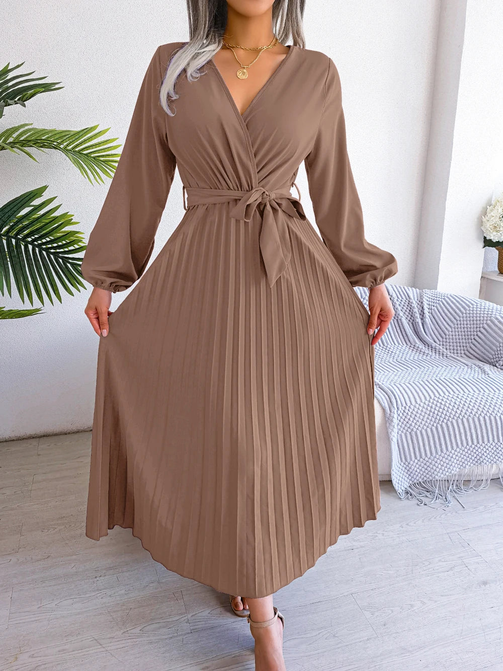 Women Elegant V Neck Long Sleeve Pleated Maxi Dress