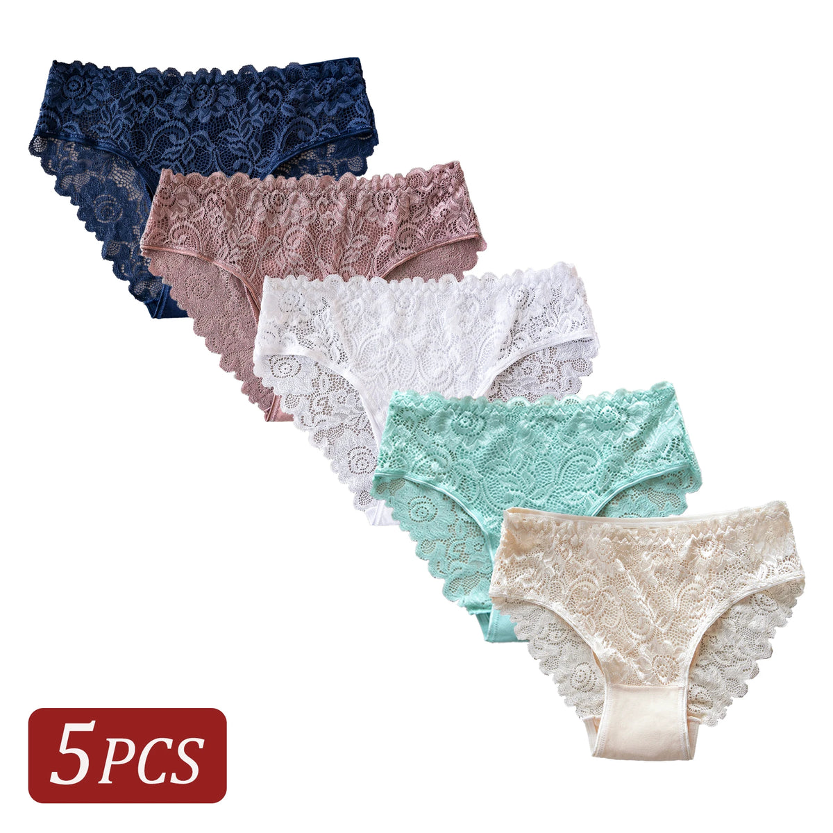 5PCS Romantic Sexy Women's Panties Hollow Out Lace Floral Underwear Breathable Solid Color Mid-Rise Briefs Cotton Lingerie Hot