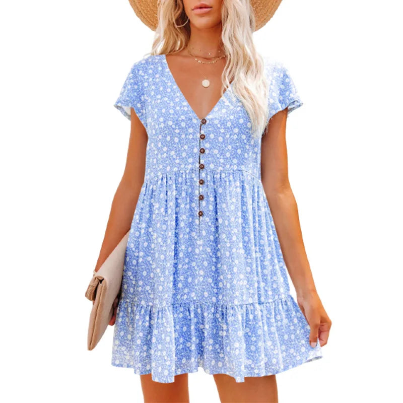 Women Summer Floral Print Short Sleeve V Neck A Line Dress Casual Boho Pleated Mini Dress Beach Party Vacation Sundress 2023