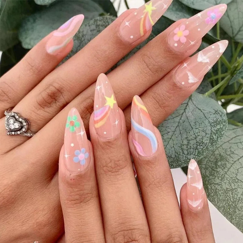 24Pcs Purple Heart Almond False Nails Artificial Simple with Glue French Wearable Fake Nails Full Cover Press on Nails Tips Art