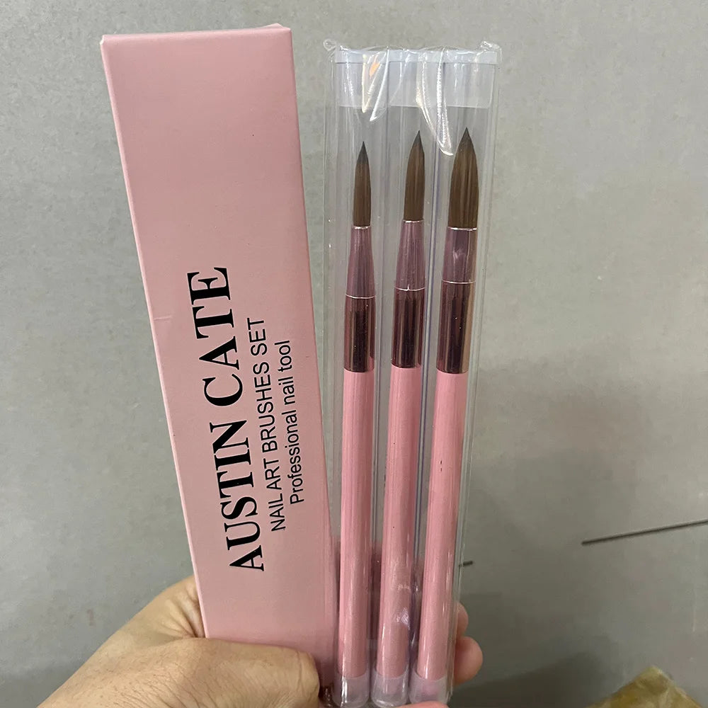 3Pcs/Set Acrylic Powder Extension Nail Brushes Pink Handle Size 8#/10#/14# Acrylic Powder Application 3D Carving Manicure Tools