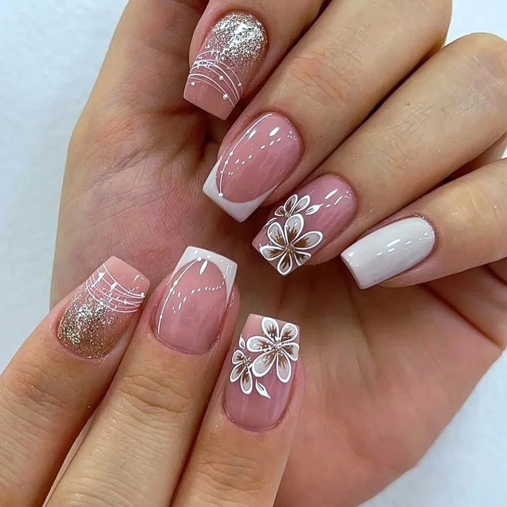 24pcs Short Square Press on Nails Jade Flower Sparkling Powder Designs Fake Nails with Glue Green Gradient Full Cover Nail Tips