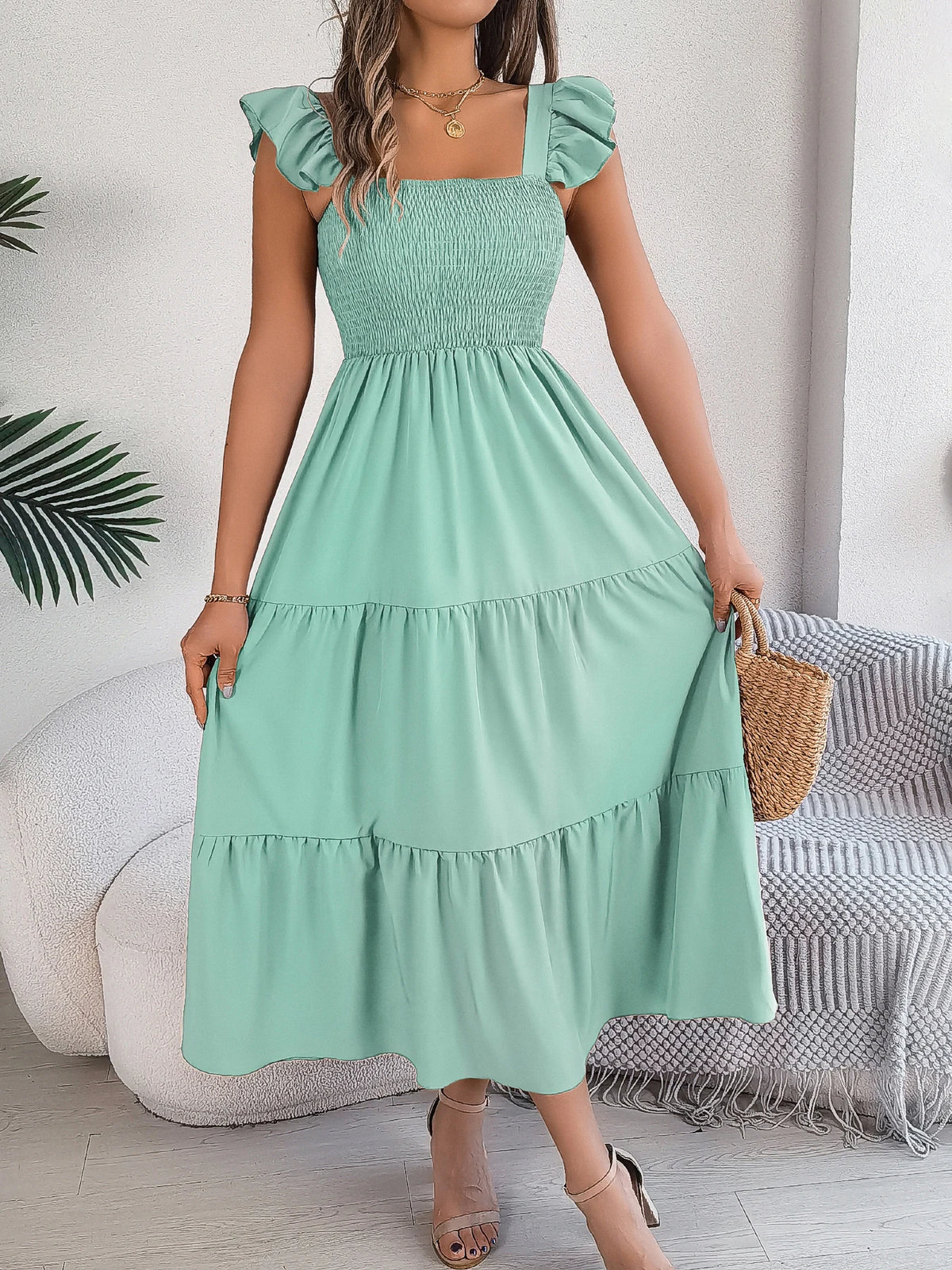 Spring Summer Solid Color Edible Tree Fungus Edge Square Neck Sleeveless Holiday Dress Elegant Long Dresses for Women Rose Blue
