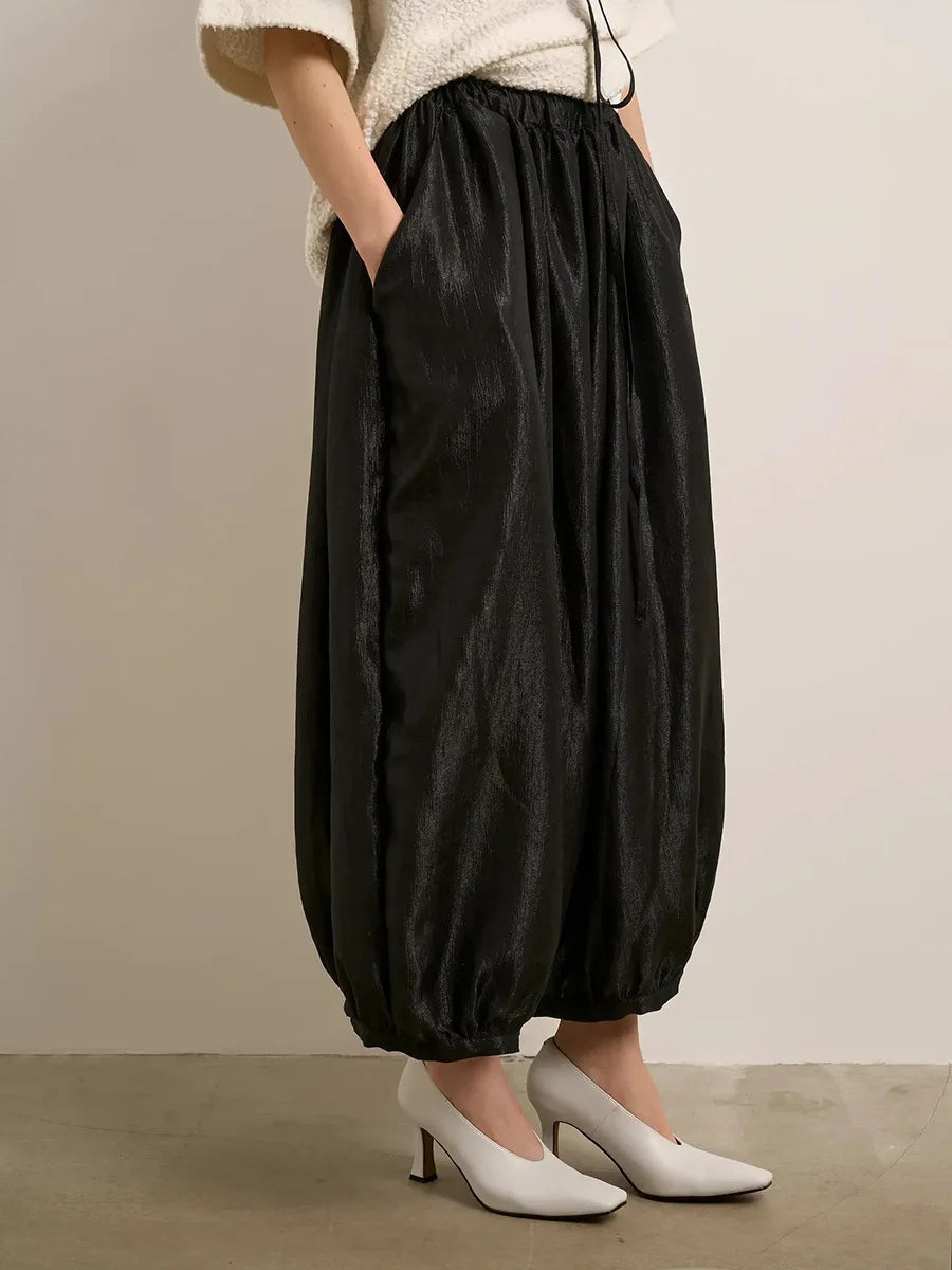 Women's Shiny Satin Solid Loose Fit Lantern Pants Elastic Waist Trousers Casual High Waist Commute Puffy Balloon Streetwear
