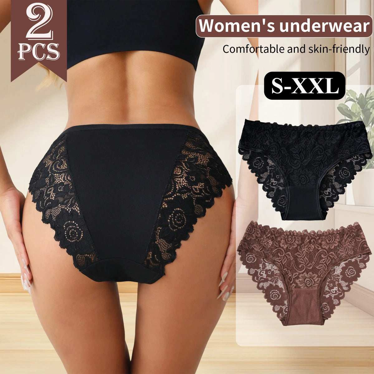 2PCS Hollow Lace Flower Design Sexy Briefs Elegant Women's Underwear Comfortable Breathable Cotton Panties Mid-Rise Lingerie