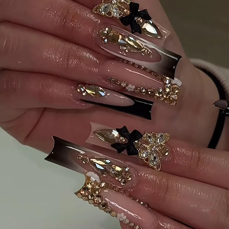 24Pcs Green French Press on False Nails with Pearl Long Square Head Nails Set Sun Star Pattern Wearable Full Cover Fake Nail Tip