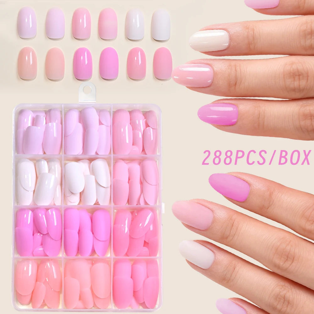 288Pcs Colorful Medium Almond French False Nails Red/Green/Pink/Purple Full Cover Fake Nails Tips Extension Women Press on Nails