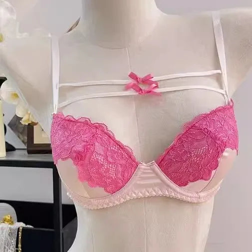MOYISU French Lace Bralette with Bow Sweetheart Neckline Petite Bust | Natural Lift Minimalist Bra Set Sexy Yet Subtle Support