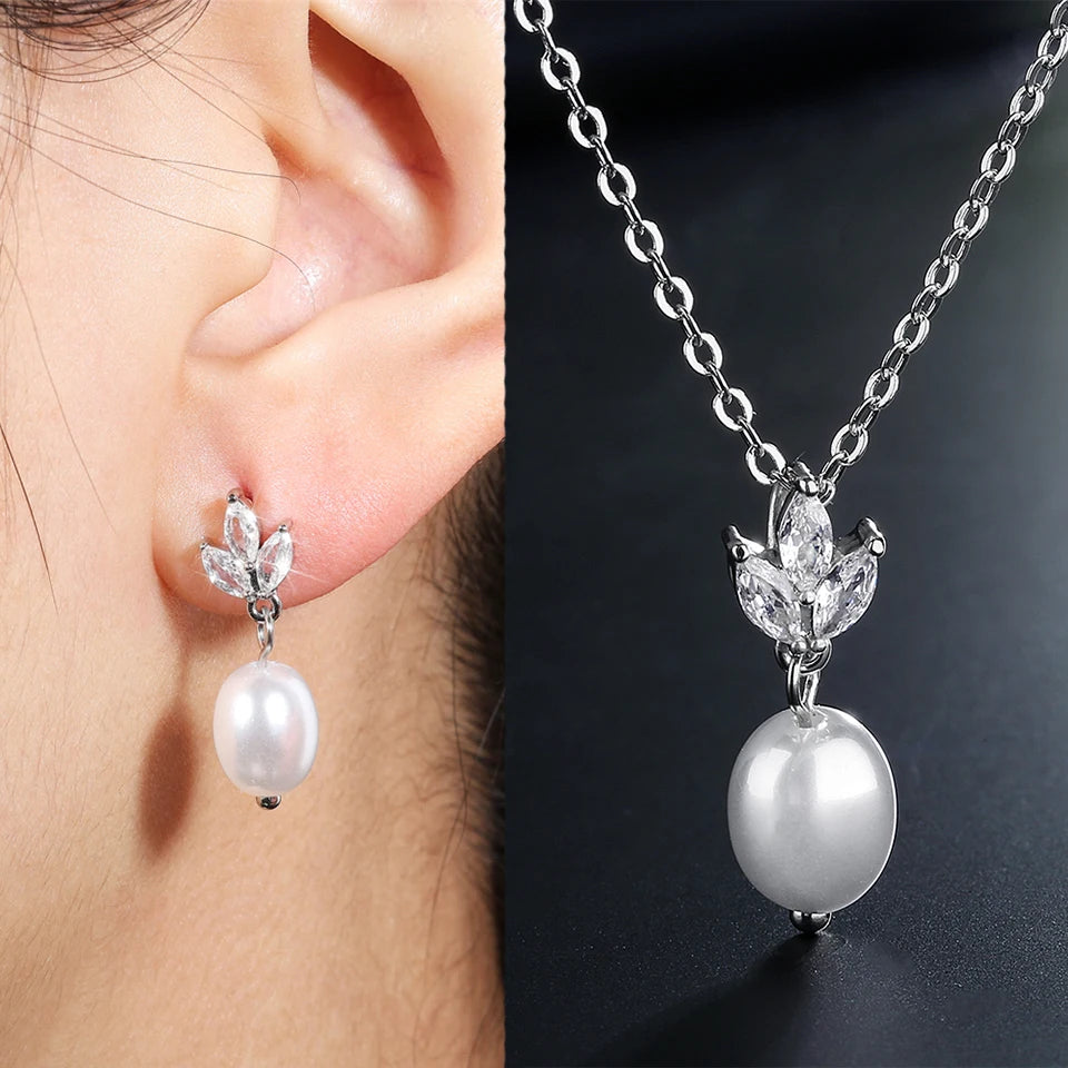 ZAKOL Fashion Leaf Shiny Zircon Pearl Drop Earring Necklaces Jewelry Sets for Women Charming Wedding Jewelry Gift