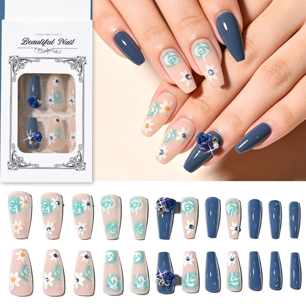24Pcs Mid-length Ballet Fake Nails Blue Flower Design Wearable Press on Nails Women Floral Medium Square Full Cover False Nails