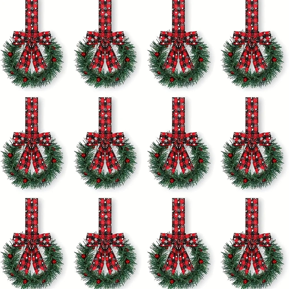 6 Christmas Kitchen Cabinet Wreaths With Ribbons, Christmas Mini Cabinet Wreaths With Ribbon Bows, For Fireplaces,Stair Railings