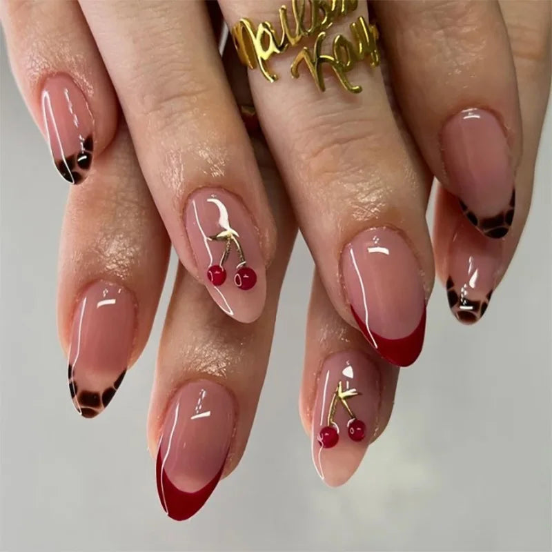 24Pcs Wine Red Almond Bow Heart Designs Press on Nails Glitter Cat Eye Diamond Nail Patch Wearable Elegant Full Cover Nail Tips