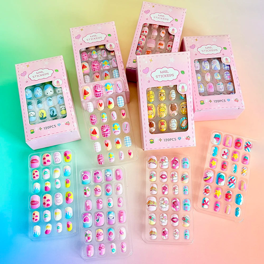 120Pcs Cartoon False Nails for Girls Kawaii Acrylic Short Square Full Cover Fake Nails Tips Kids Press on Nails with Jelly Glue