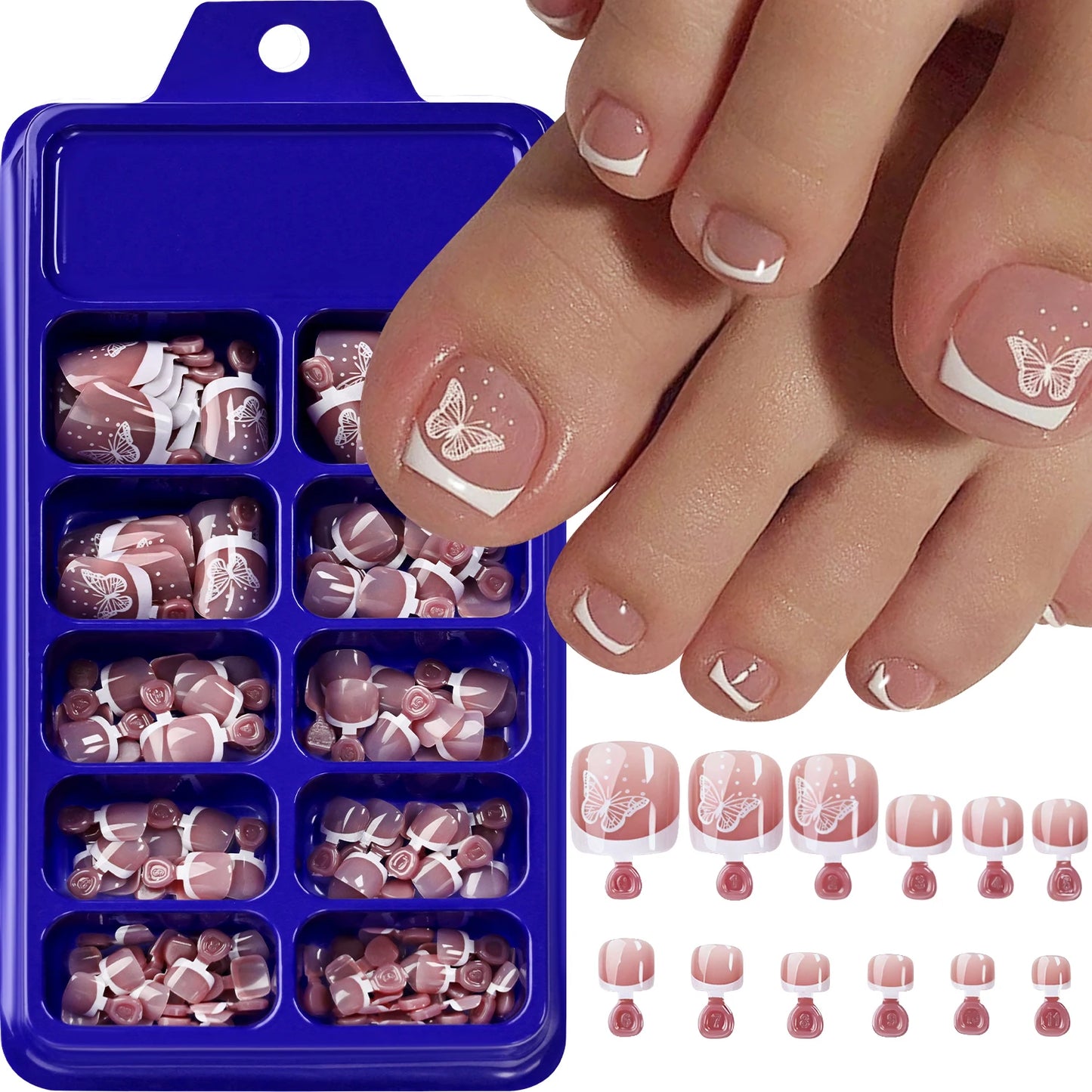 120Pcs Bronzing White Butterfly Design Fake Toenail Short Square Full Cover French False Toe Nails Summer Press On Toenails