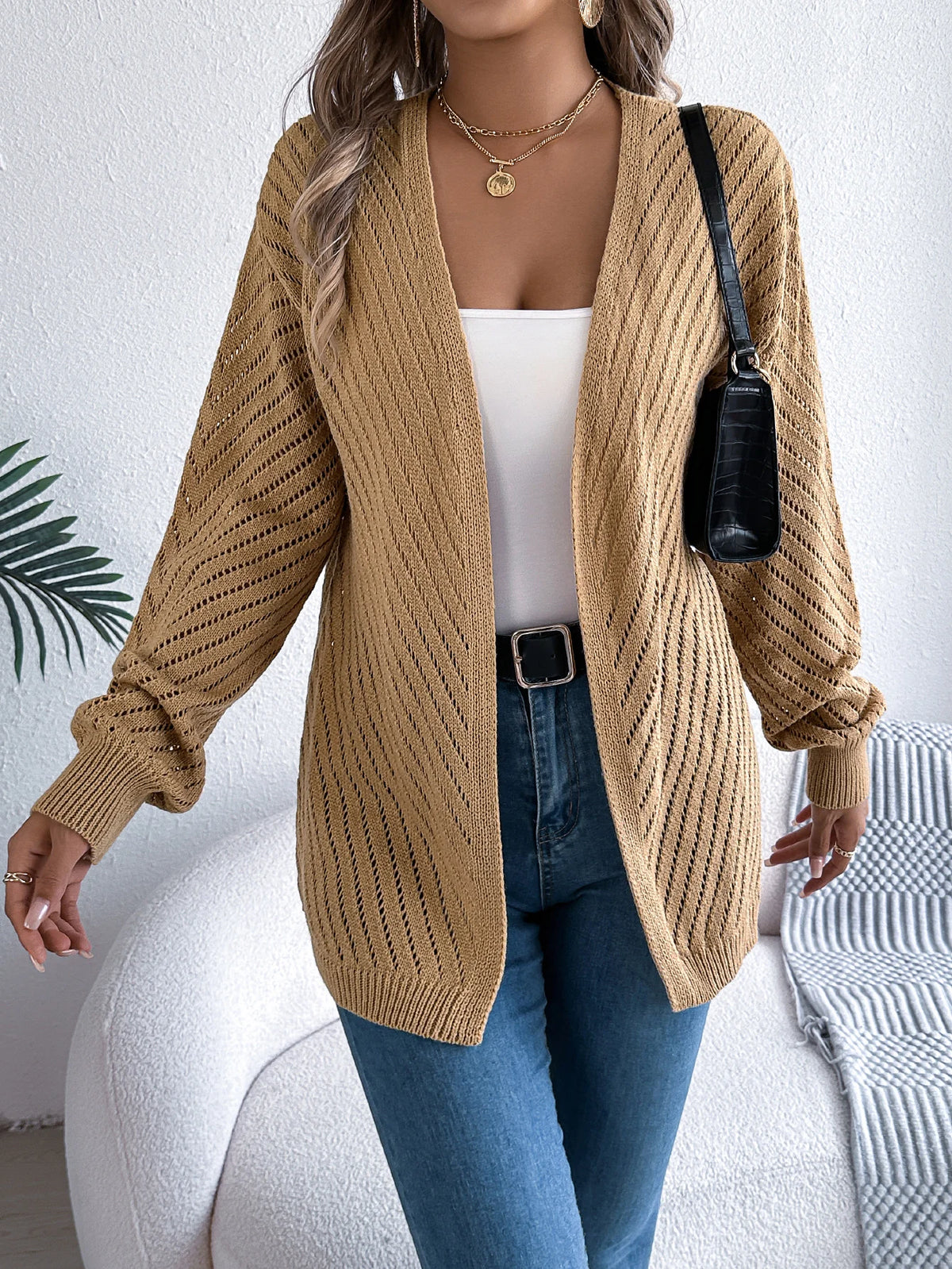 Women Solid Color Knitted Cardigan Sweaters 2026 Autumn Winter Casual Hollow Out Lantern Long Sleeve Coats Khaki White Black