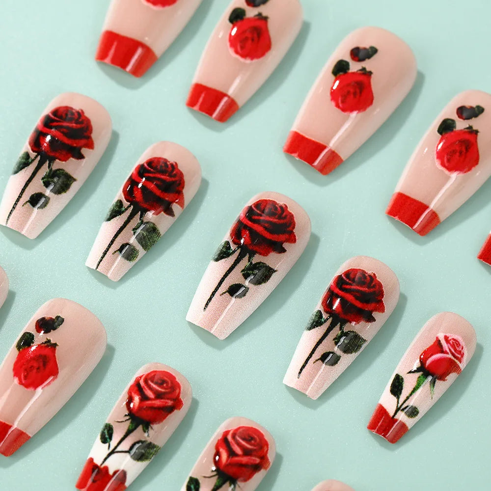 Medium long fake nails for women green white pink red flowers for Spring summer ballet tips full cover acrylic press on nail